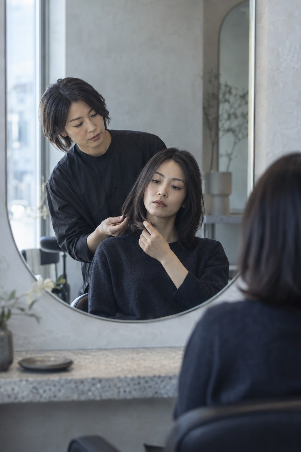 鏡の前で髪の長さを確認しながら相談するスタイリストとお客様